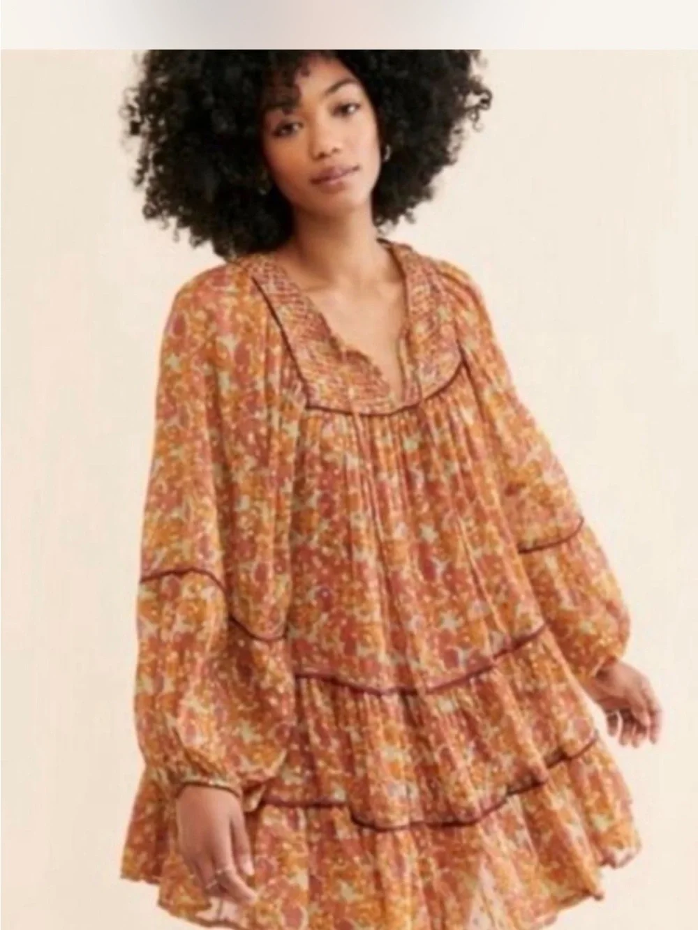 Free People Floral Ruffle Tiered Mini Dress in Rust Multi